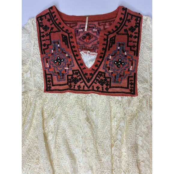 Free People Lace Top Women US Small Sheer Flowy Embroidered Indie Boho LS Aztec - Picture 1 of 9